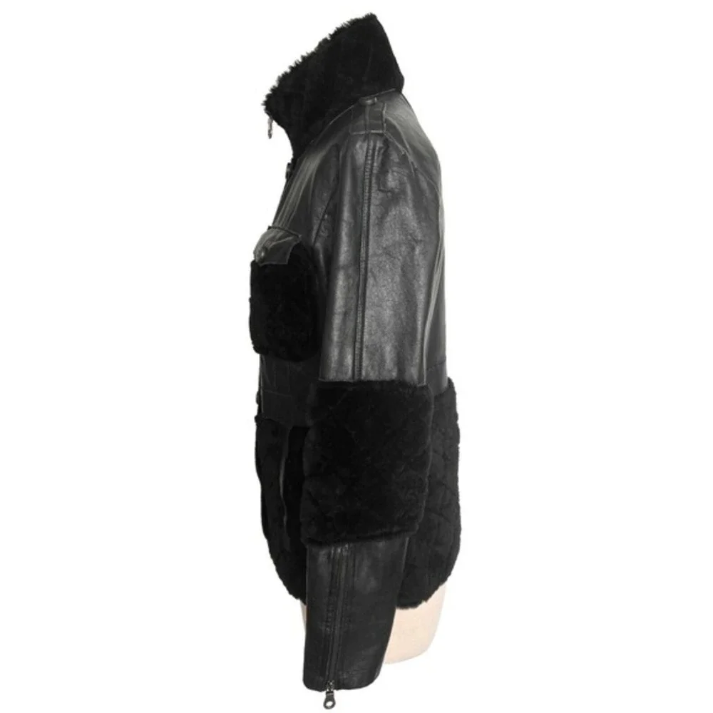 Chanel Black Leather Wool Jacket Quilted Trim CC Logo Buttons‎ Size 34